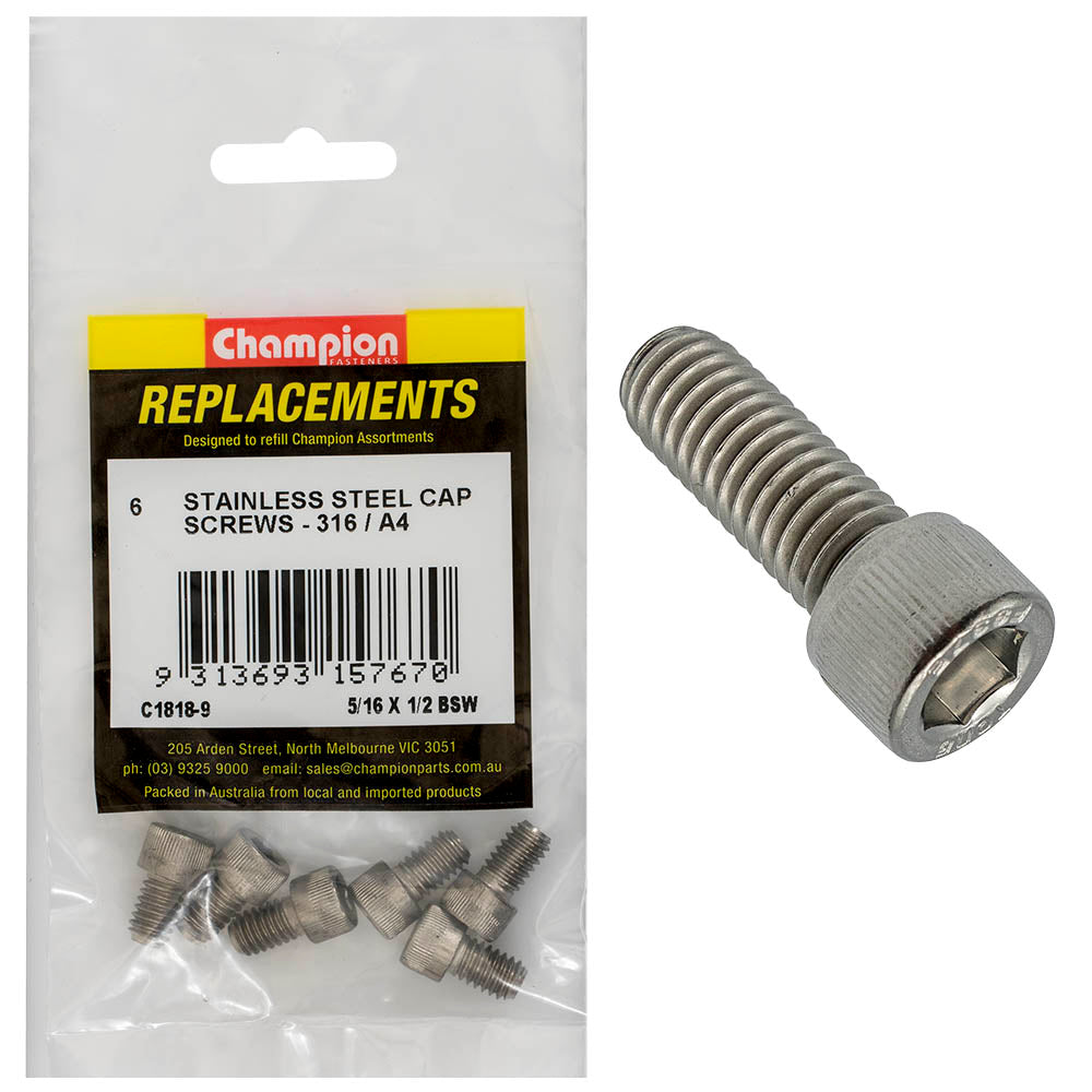 Champion Fasteners Socket Head Cap Screw Stainless Steel 5/16In X 1/2In Bsw 316/A4 C1818-9