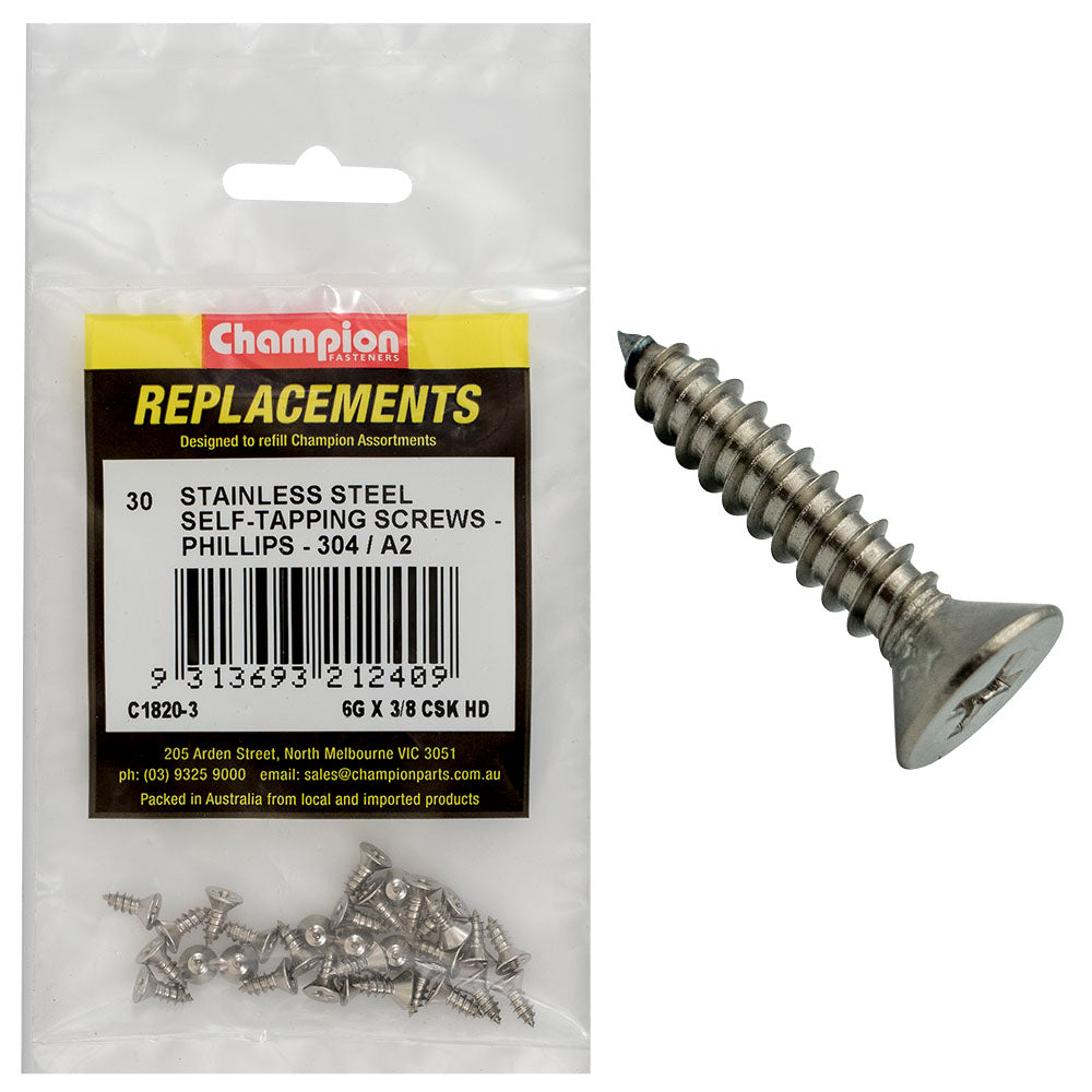 Champion Fasteners Self Tapper Screw Csk Phillips Stainless Steel 3.5 X 9.5mm 304/A2 C1820-3