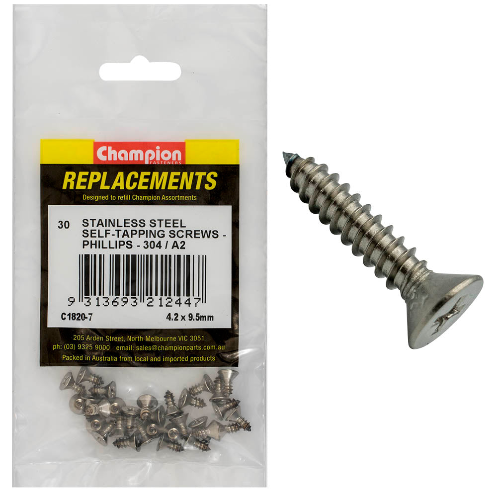 Champion Fasteners Self Tapper Screw Csk Phillips Stainless Steel 4.2 X 9.5mm 304/A2 C1820-7