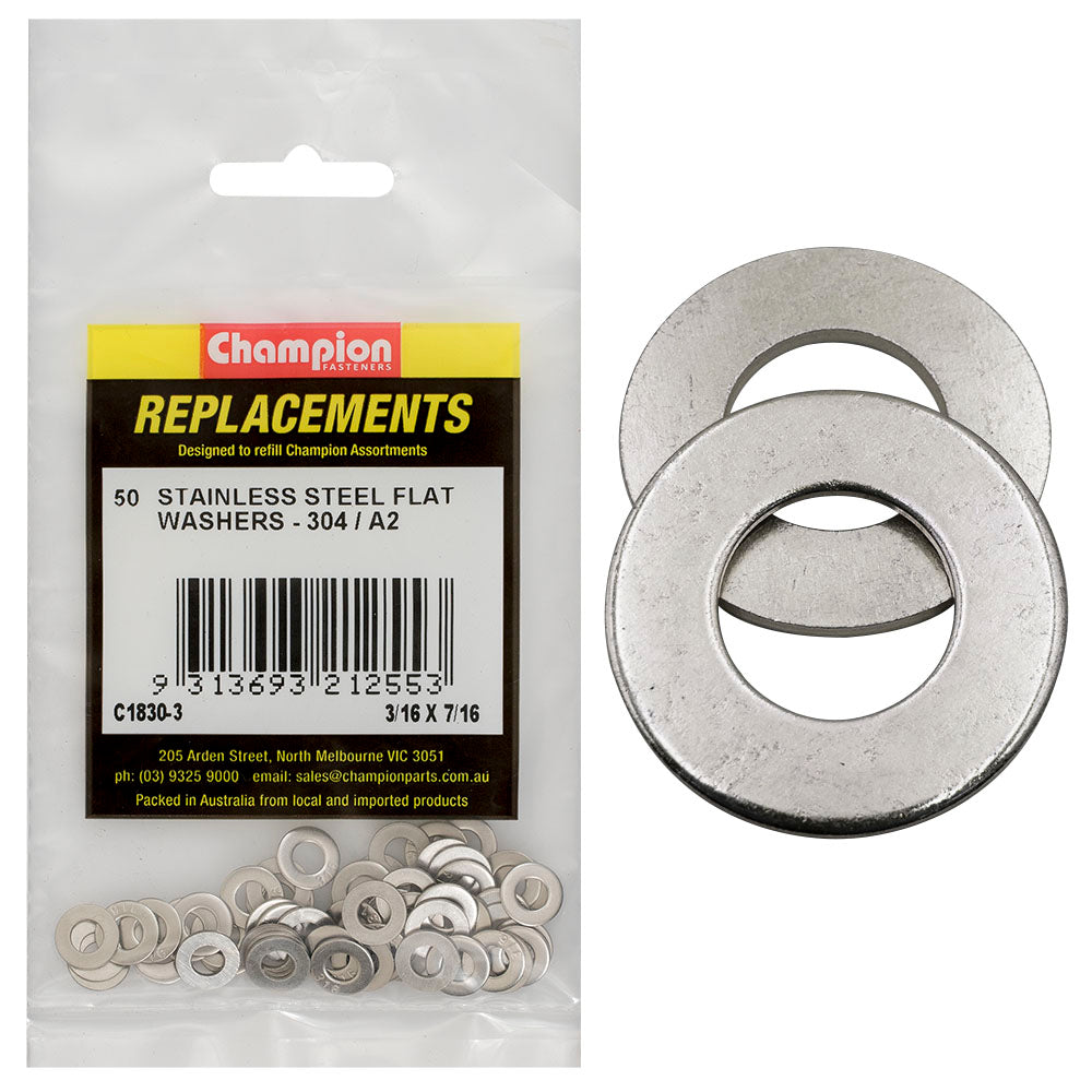 Champion Fasteners Washer Flat Stainless Steel 3/16In X 7/16In 304/A2 C1830-3