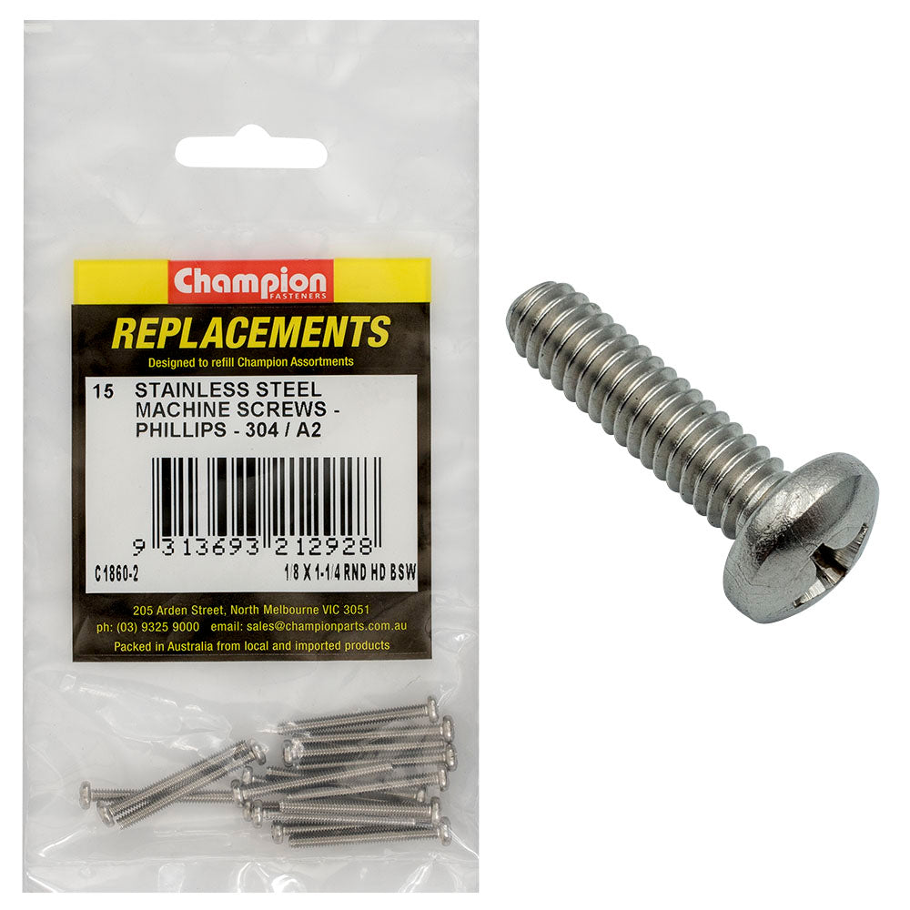 Champion Fasteners Machine Screws Pan Phillips Stainless Steel 1/8In X 1 1/4In 304/A2 C1860-2