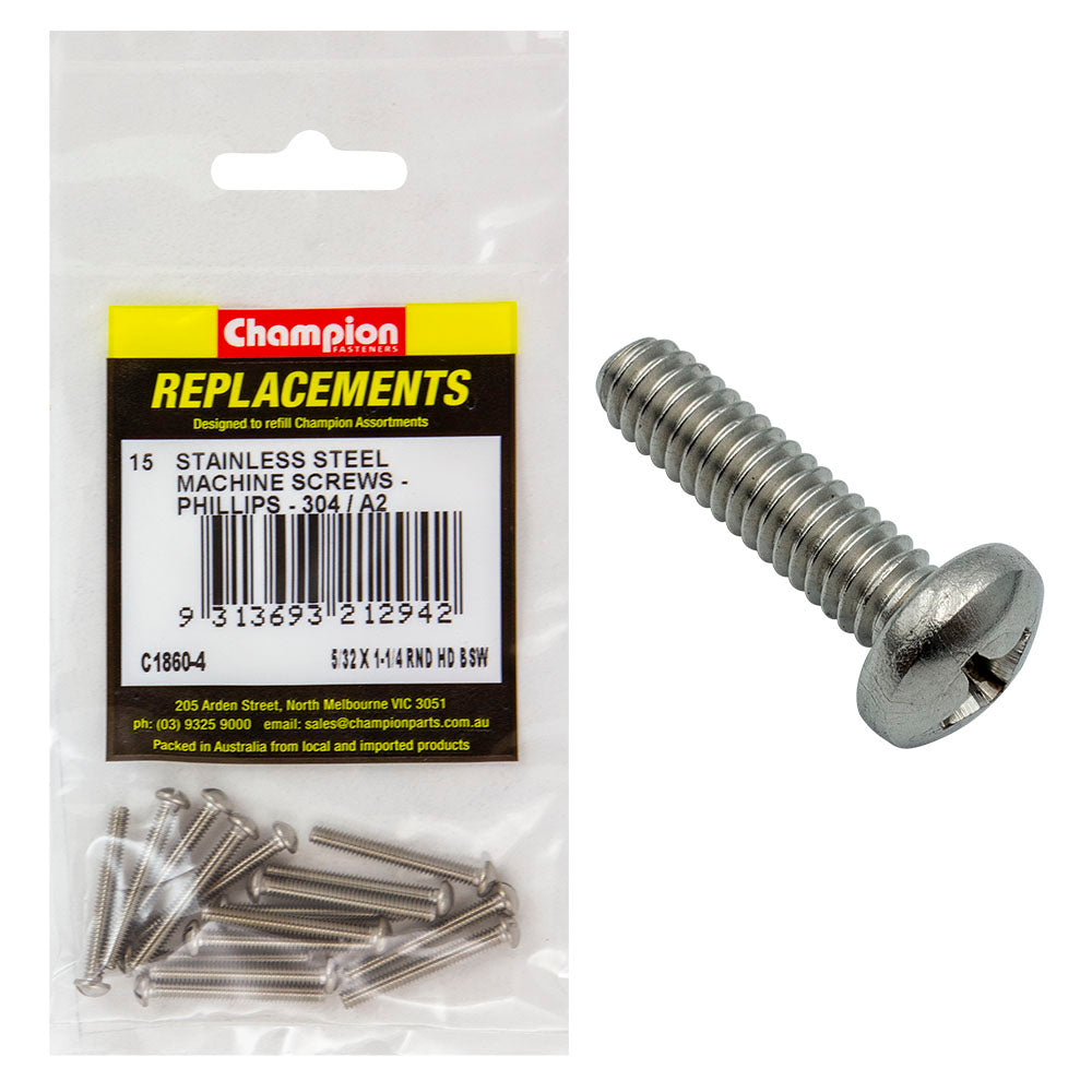 Champion Fasteners Machine Screws Pan Phillips Stainless Steel 8/32In X 1 1/4In 304/A2 C1860-4