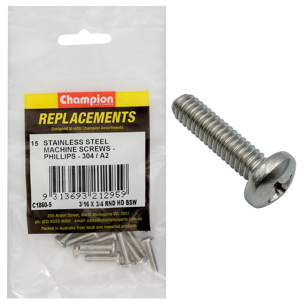 Champion Fasteners Machine Screws Pan Phillips Stainless Steel 3/16In X 3/4In 304/A2 C1860-5