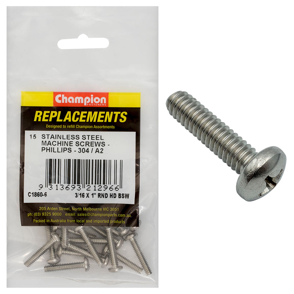 Champion Fasteners Machine Screws Pan Phillips Stainless Steel 3/16In X 1In 304/A2 C1860-6
