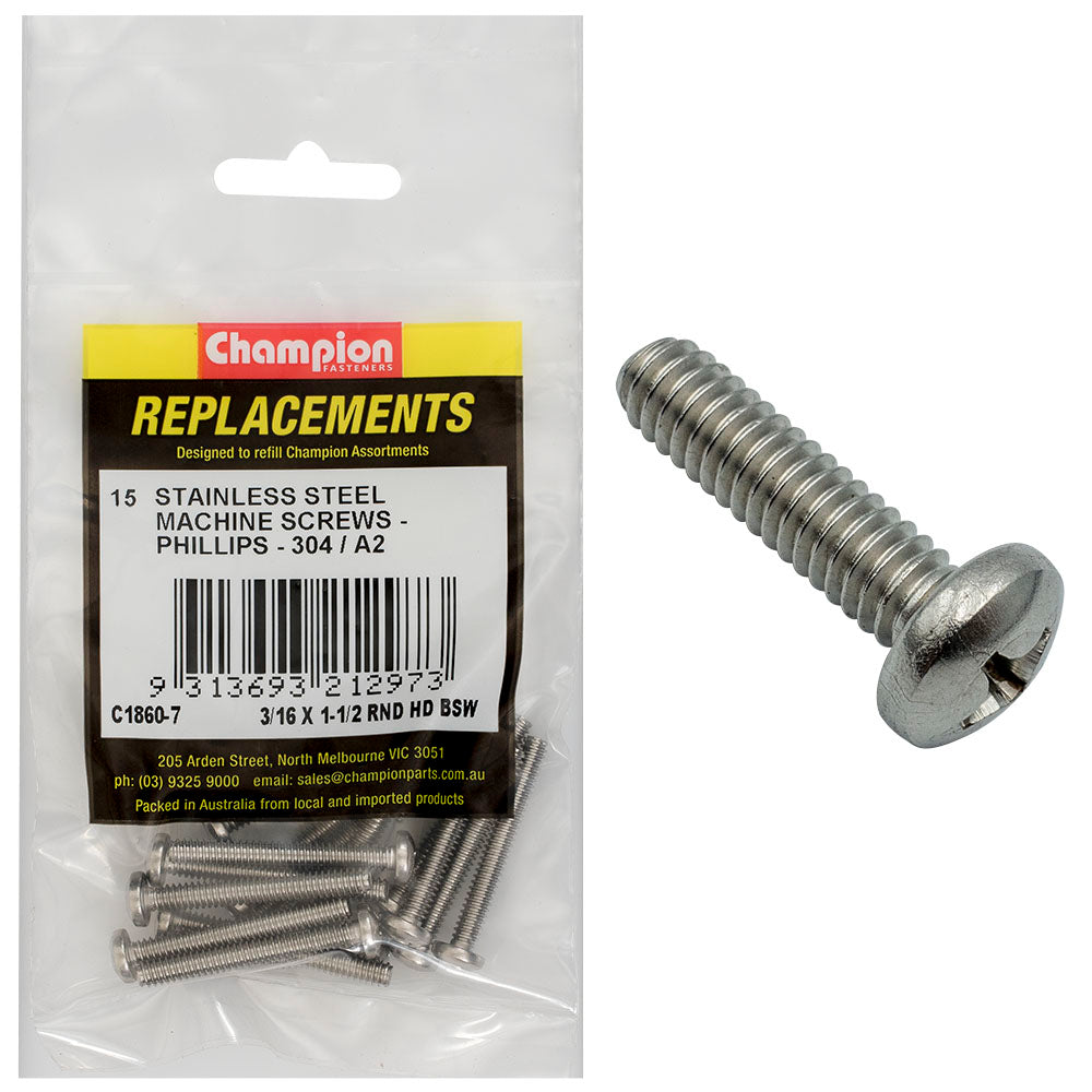 Champion Fasteners Machine Screws Pan Phillips Stainless Steel 3/16In X 1 1/2In 304/A2 C1860-7