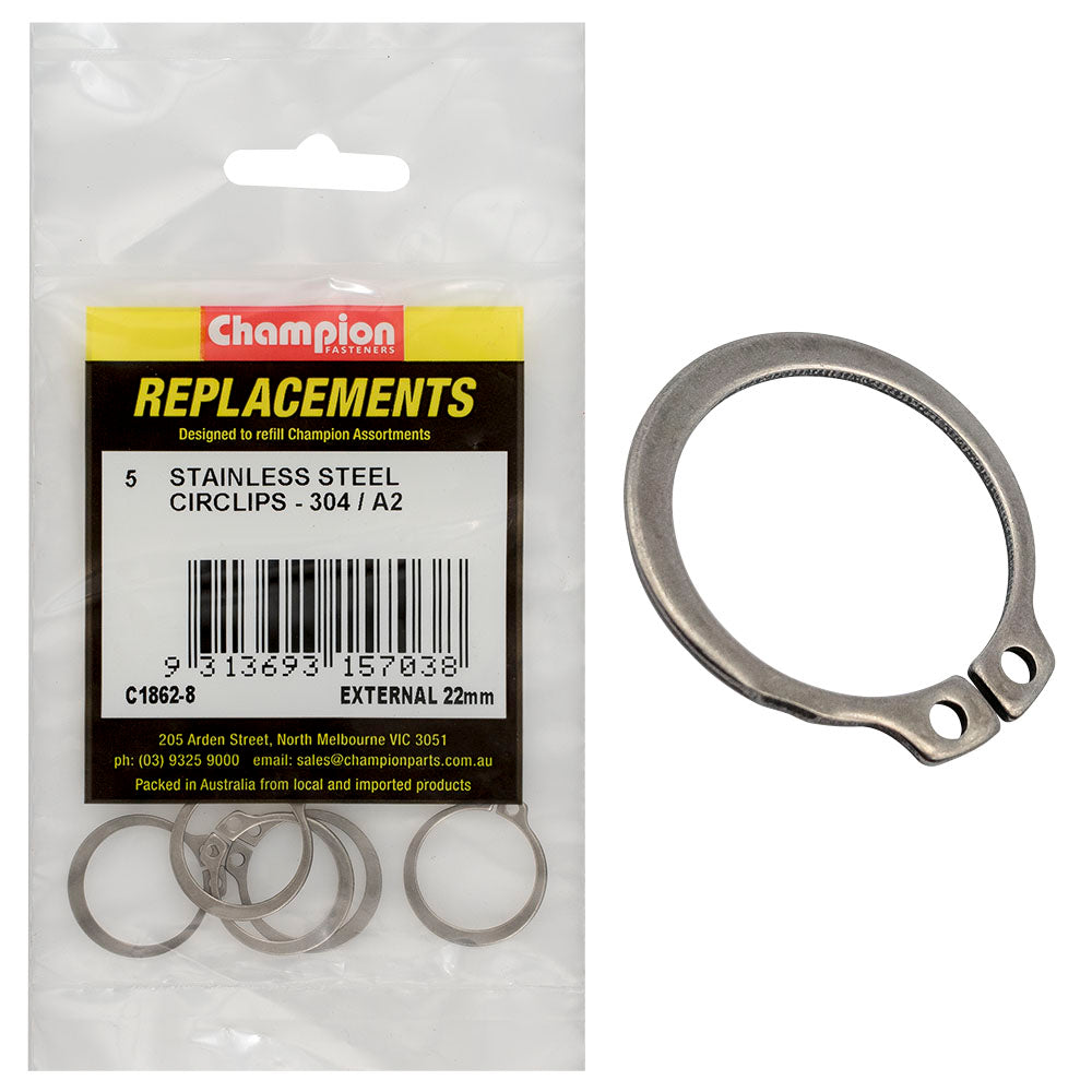Champion Fasteners Circlip External Shaft Stainless Steel 22mm 316/A4 C1862-8