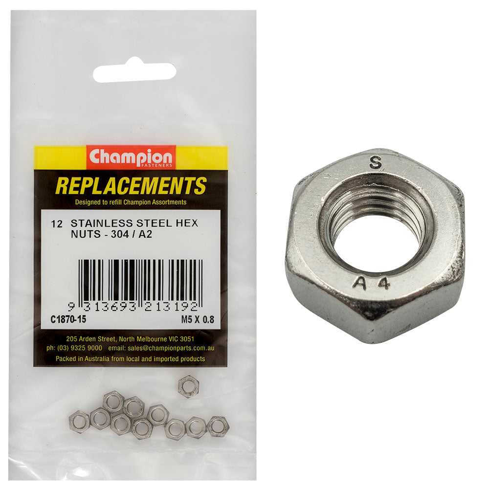 Champion Fasteners Hex Plain Nut Stainless Steel M5 0.8mm 304/A2 C1870-15