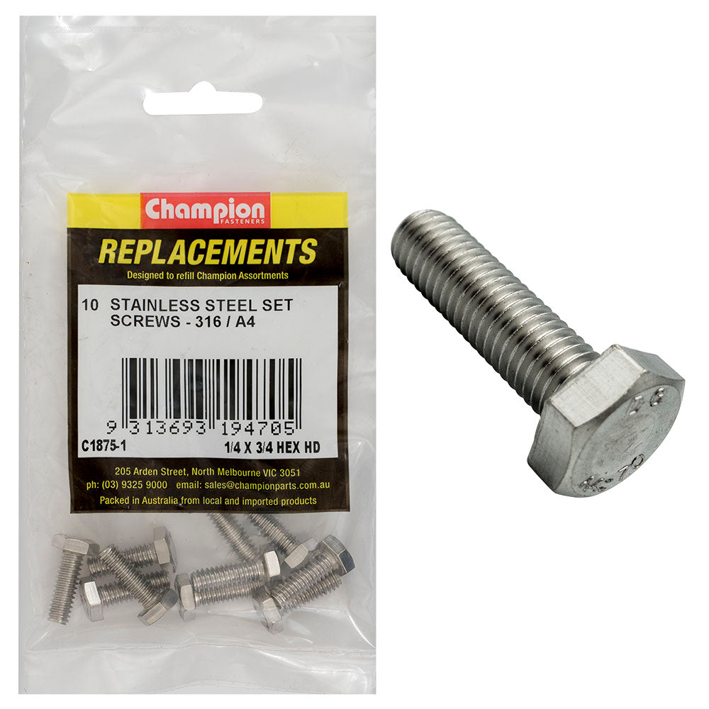 Champion Fasteners Hex Set Screw Stainless Steel 1/4In X 3/4In Unc 316/A4 C1875-1