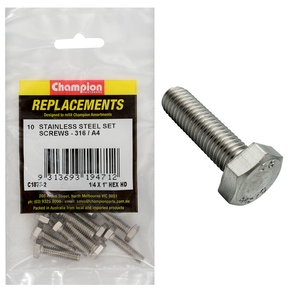 Champion Fasteners Hex Set Screw Stainless Steel 1/4In X 1In Unc 316/A4 C1875-2