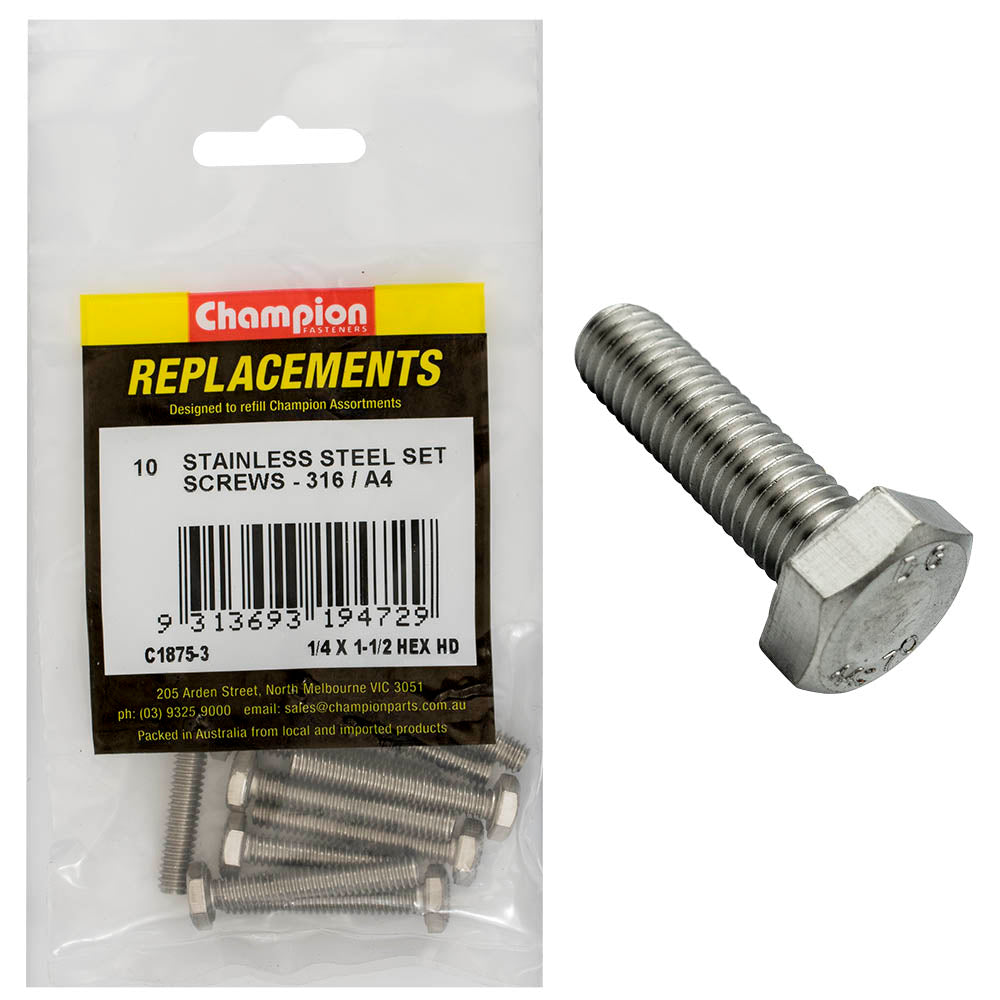 Champion Fasteners Hex Set Screw Stainless Steel 1/4In X 1 1/2In Unc 316/A4 C1875-3