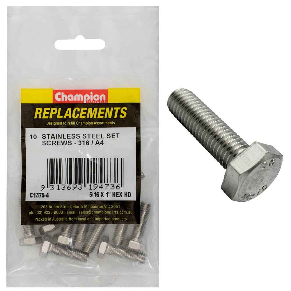 Champion Fasteners Hex Set Screw Stainless Steel 5/16In X 1In Unc Grade 316/A4 C1875-4