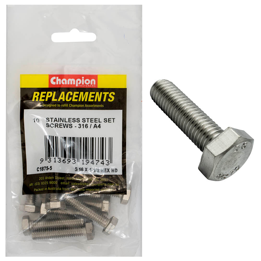 Champion Fasteners Hex Set Screw Stainless Steel 5/16In X 1 1/2In Unc 316/A4 C1875-5