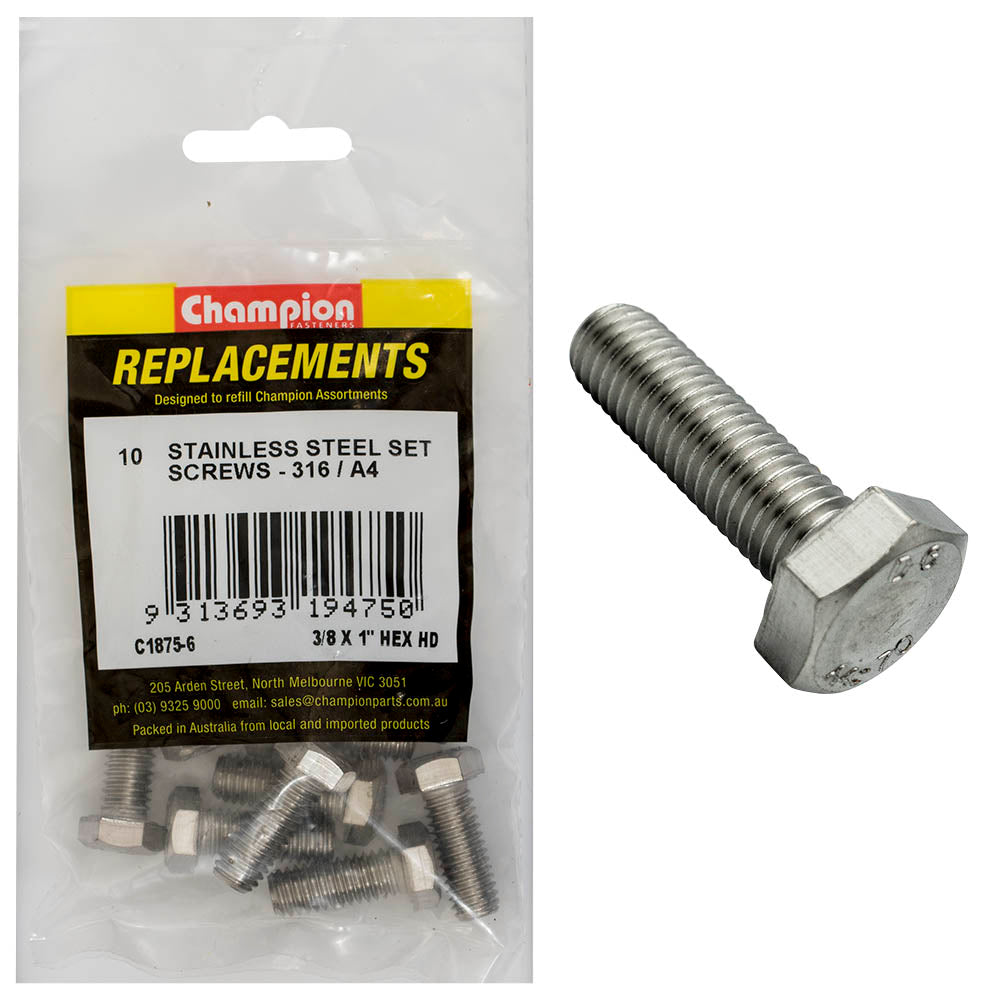 Champion Fasteners Hex Set Screw Stainless Steel 3/8In X 1In Unc 316/A4 C1875-6