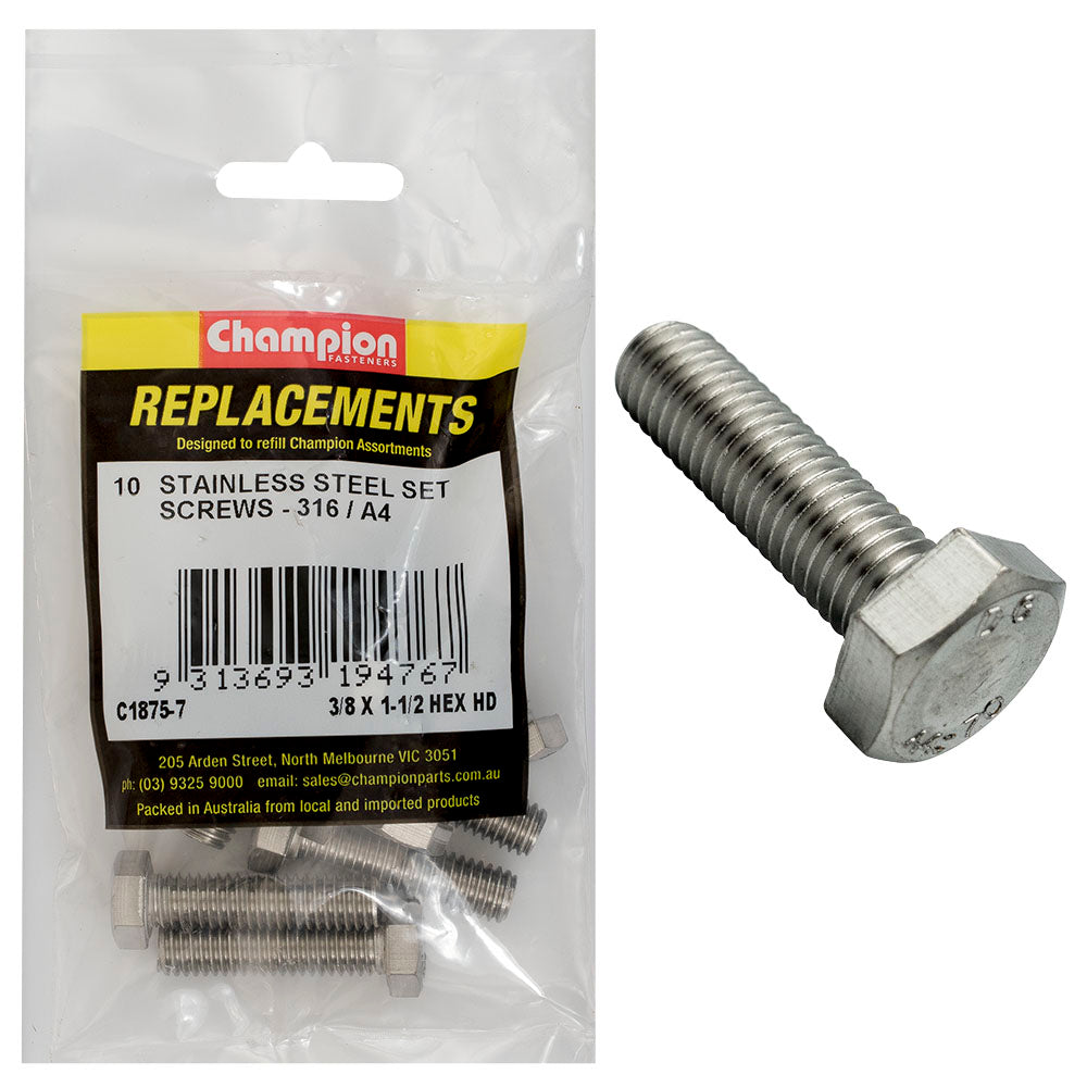 Champion Fasteners Hex Set Screw Stainless Steel 3/8In X 1 1/2In Unc 316/A4 C1875-7
