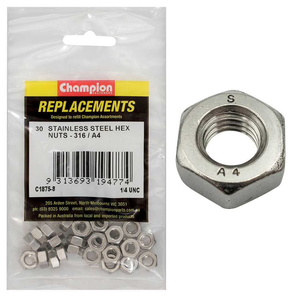 Champion Fasteners Hex Plain Nut Stainless Steel 1/4In Unc 316/A4 C1875-8