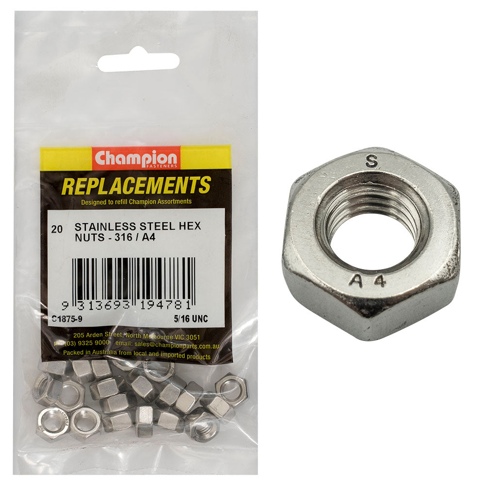 Champion Fasteners Hex Plain Nut Stainless Steel 5/16In Unc 316/A4 C1875-9