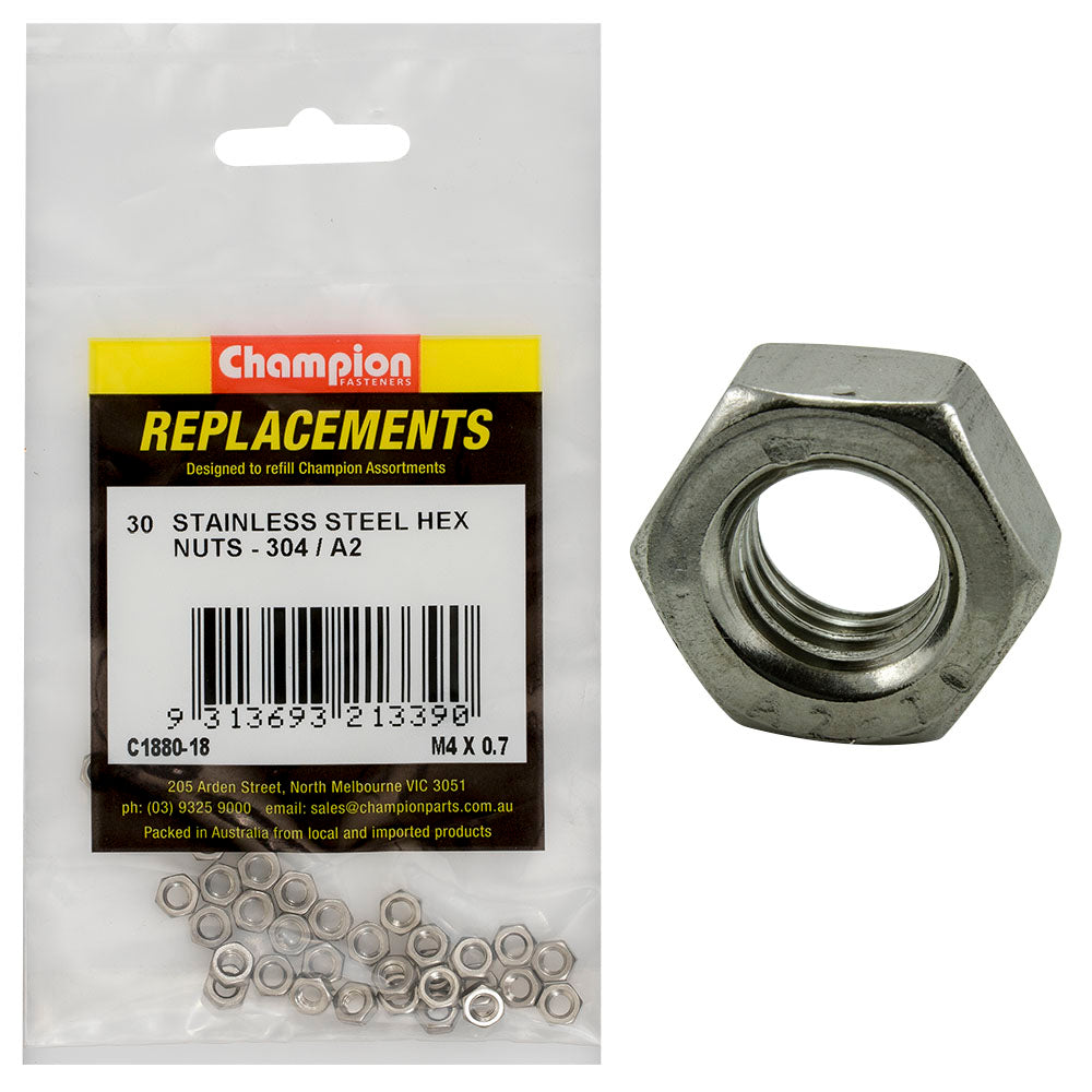 Champion Fasteners Hex Plain Nut Stainless Steel M4 X 0.7mm 304/A2 C1880-18