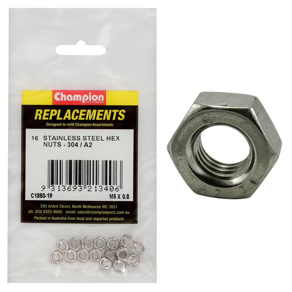 Champion Fasteners Hex Plain Nut Stainless Steel M5 X 0.8mm 304/A2 C1880-19