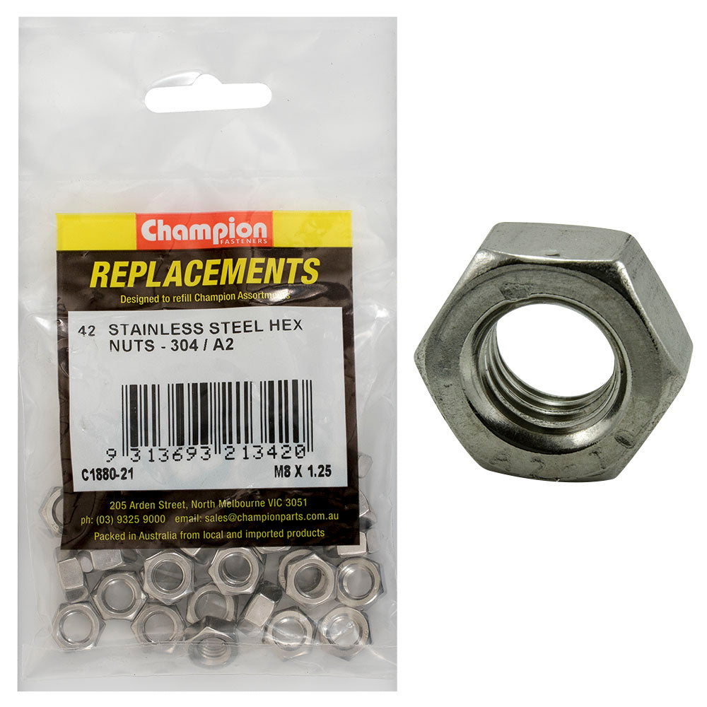 Champion Fasteners Hex Plain Nut Stainless Steel M8 X 1.25mm 304/A2 C1880-21