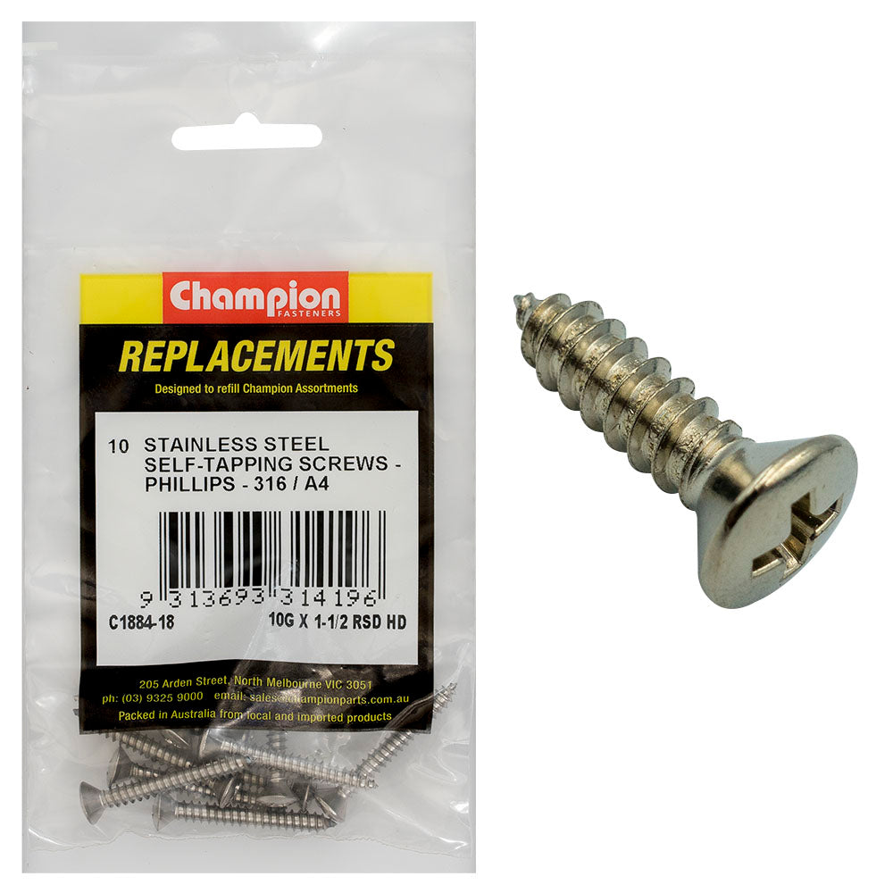 Champion Fasteners Self Tapper Screw Rsd Phillips Stainless Steel 4.8 X 38mm 316/A4 C1884-18