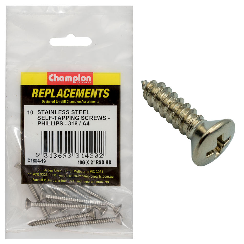 Champion Fasteners Self Tapper Screw Rsd Phillips Stainless Steel 4.8 x 50mm 316/A4 C1884-19