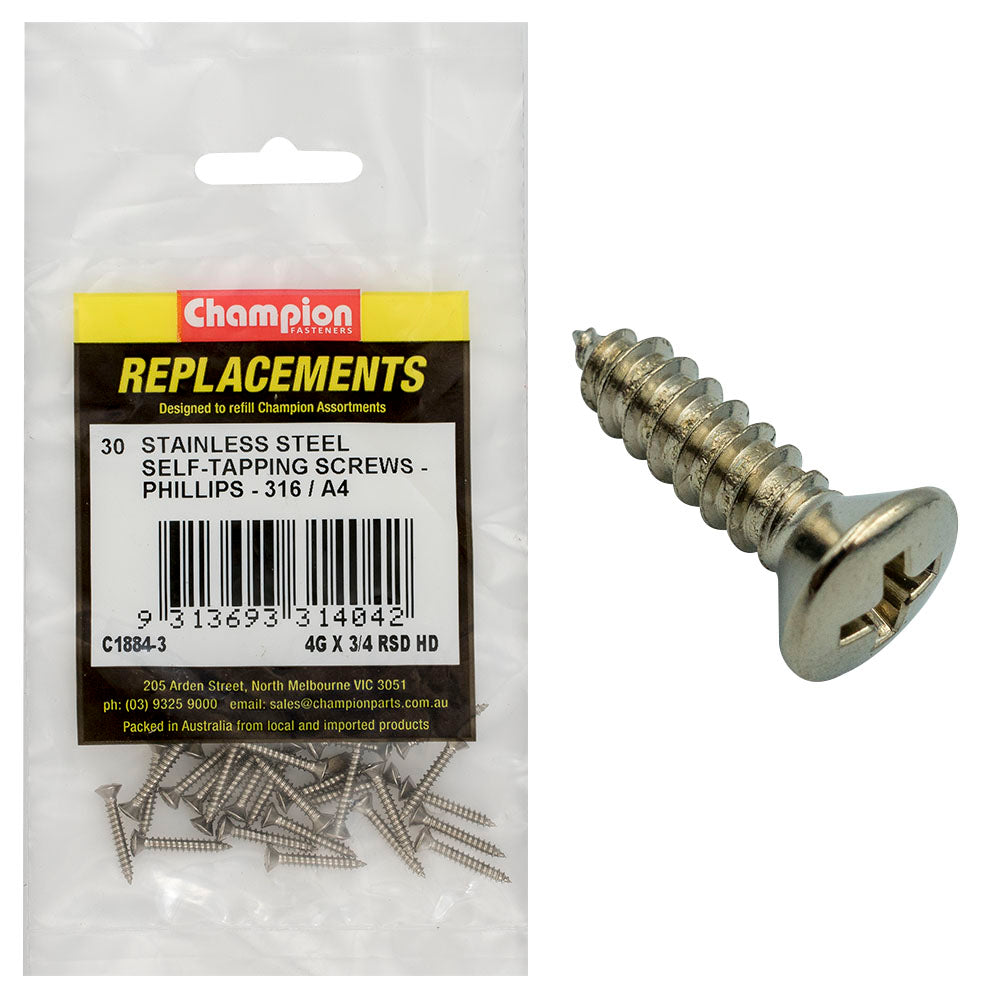 Champion Self Tapper Screw Rsd Phillips Stainless Steel 2.9 x 19mm 316/A4 C1884-3
