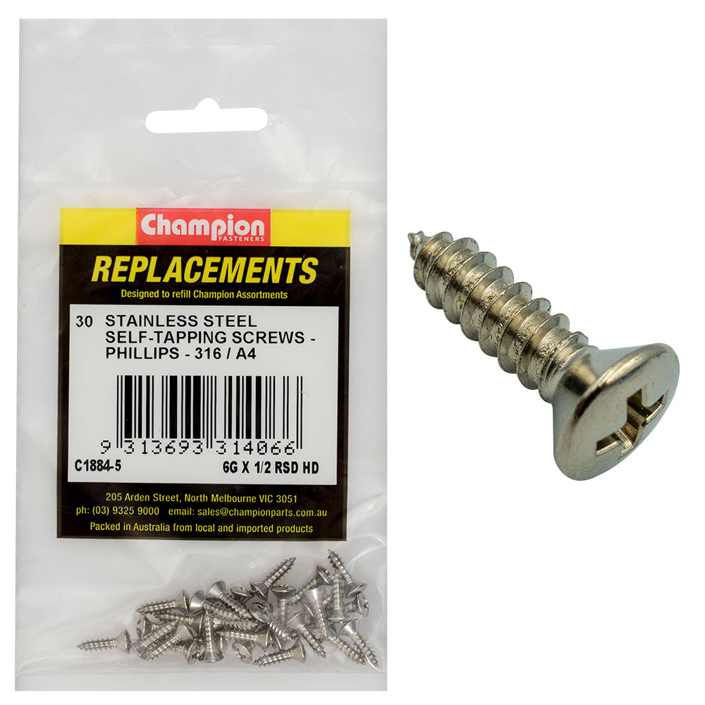 Champion Fasteners Self Tapper Screw Rsd Phillips Stainless Steel 3.5 X 13mm 316/A4 C1884-5