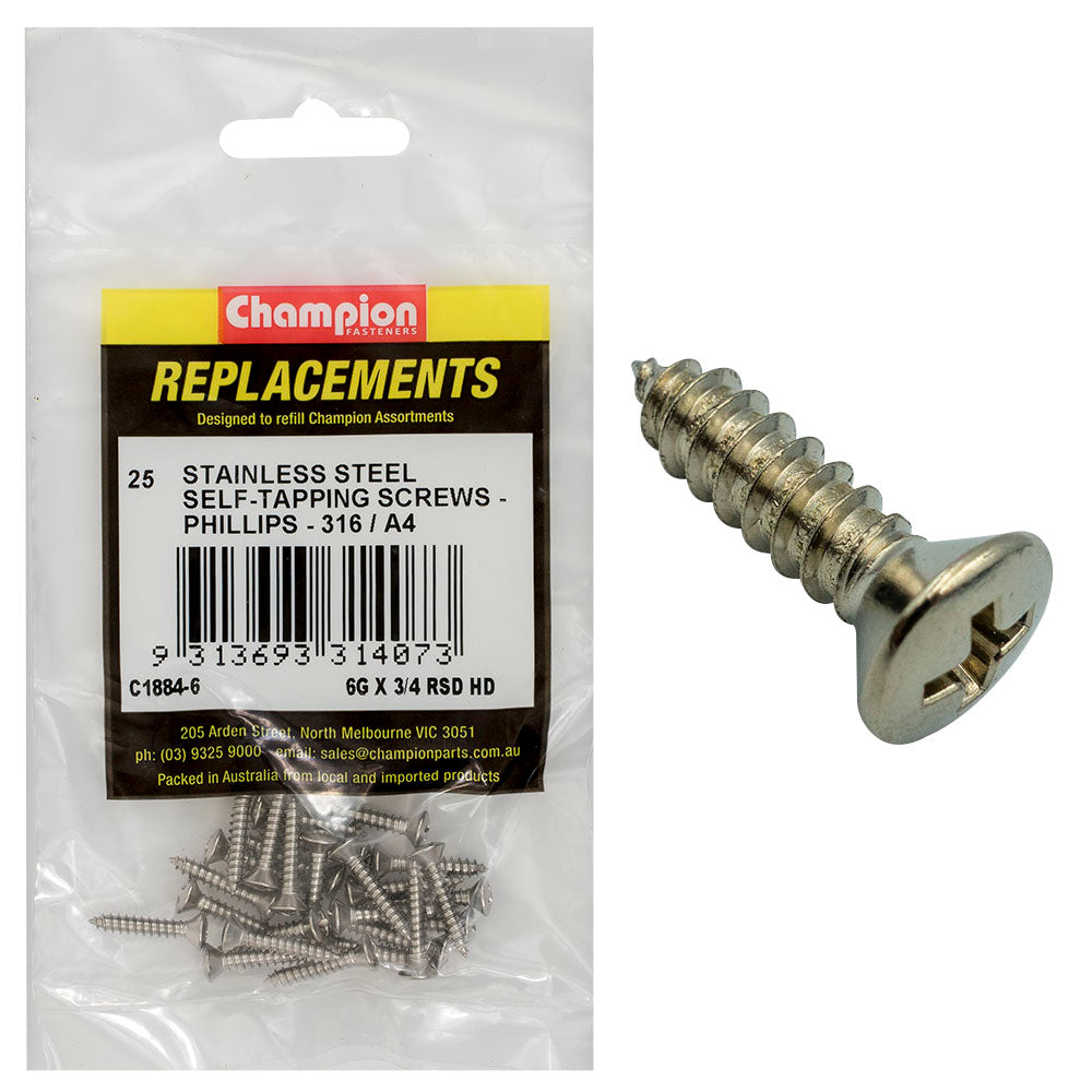 Champion Fasteners Self Tapper Screw Rsd Phillips Stainless Steel 3.5 X 19mm 316/A4 C1884-6