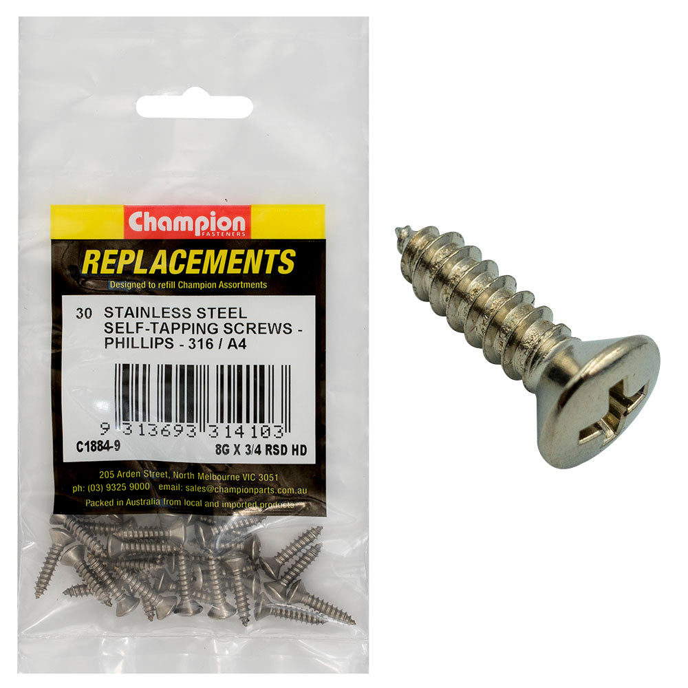 Champion Fasteners Self Tapper Screw Rsd Phillips Stainless Steel 4.2 X 19mm 316/A4 C1884-9
