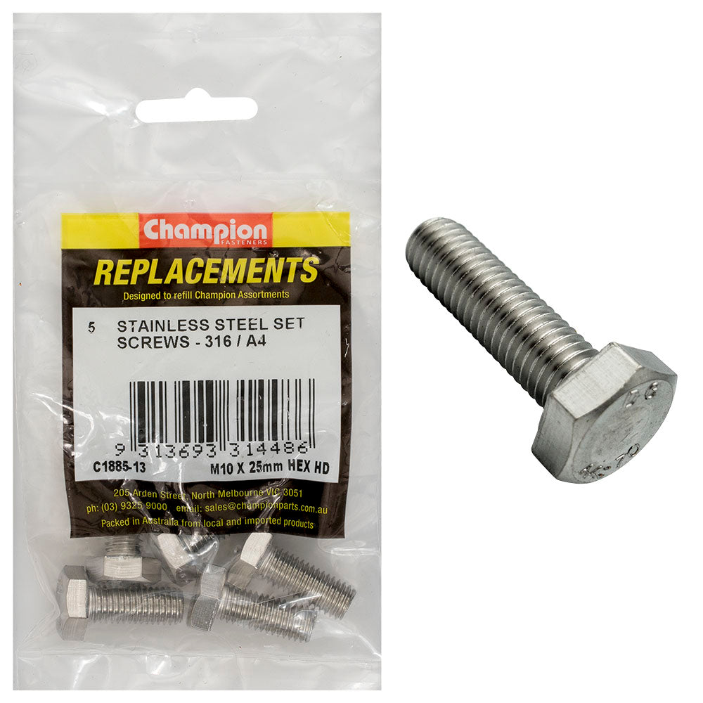 Champion Fasteners Hex Set Screw Stainless Steel M10 X 25mm 316/A4 C1885-13