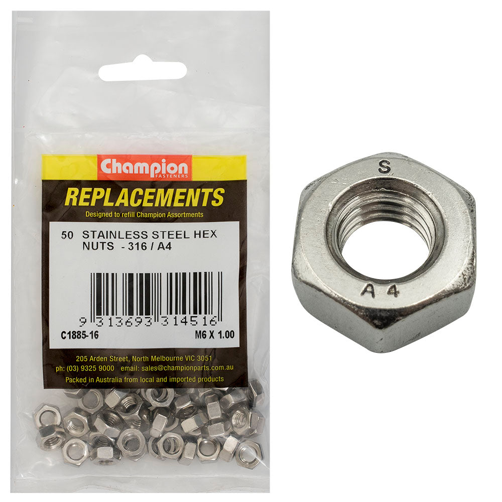 Champion Fasteners Hex Plain Nut Stainless Steel M6 X 1.00mm 316/A4 C1885-16
