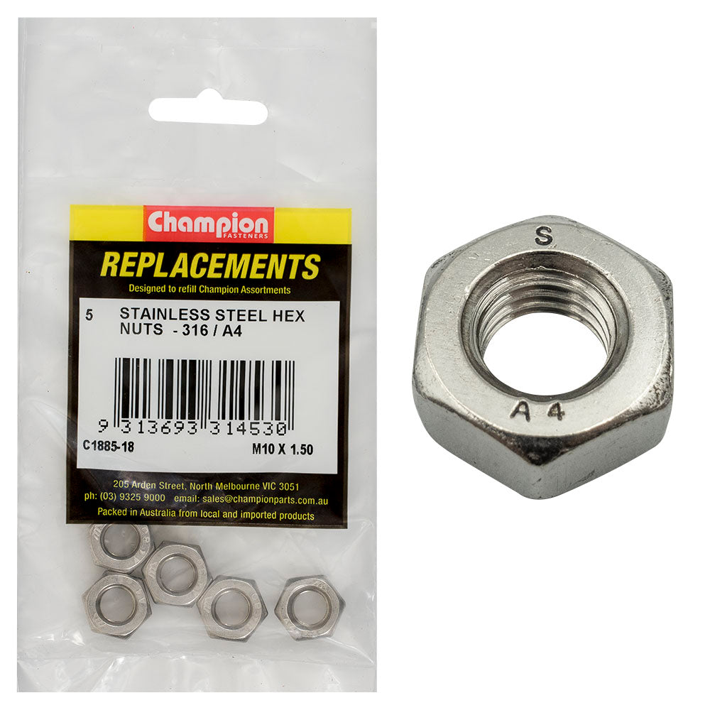 Champion Fasteners Hex Plain Nut Stainless Steel M10 X 1.50mm 316/A4 C1885-18