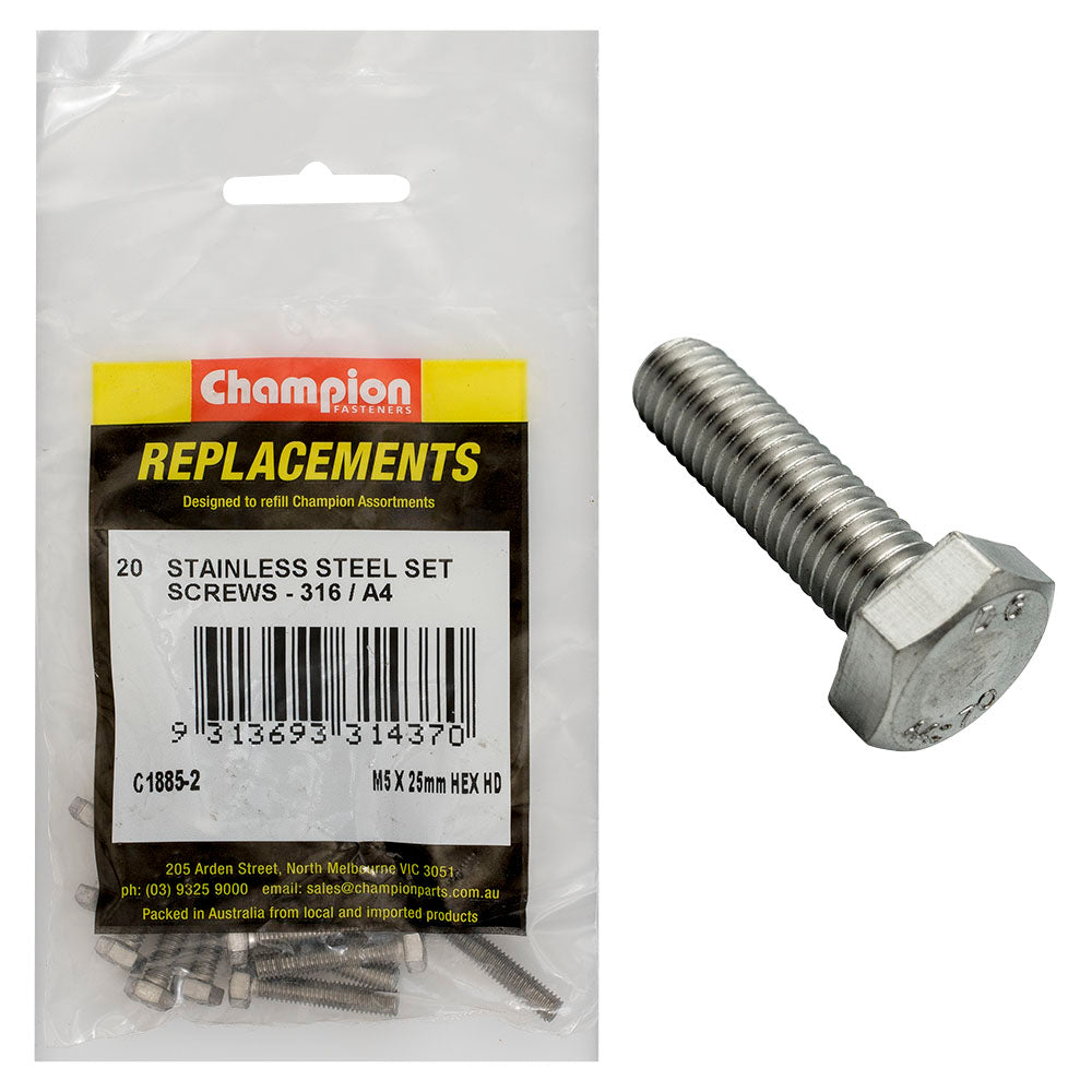 Champion Fasteners Hex Set Screw Stainless Steel M5 X 25mm 316/A4 C1885-2