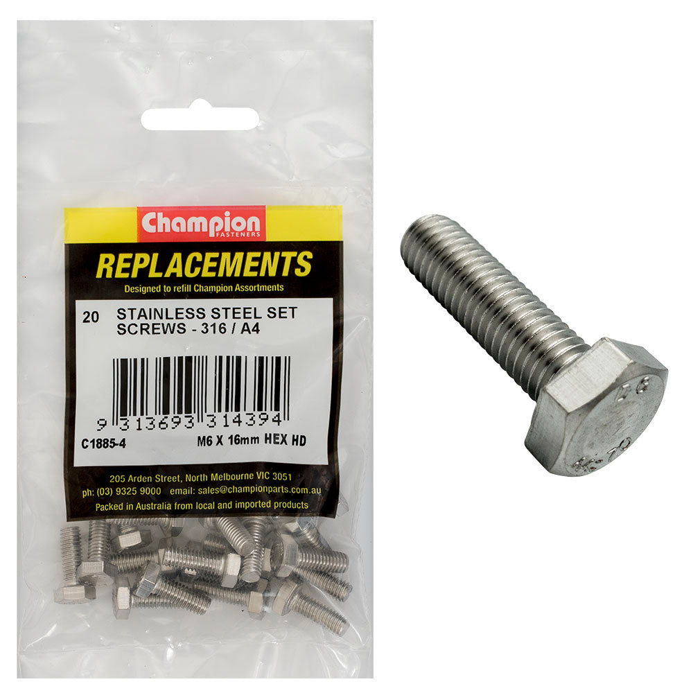 Champion Fasteners Hex Set Screw Stainless Steel M6 X 16mm 316/A4 C1885-4