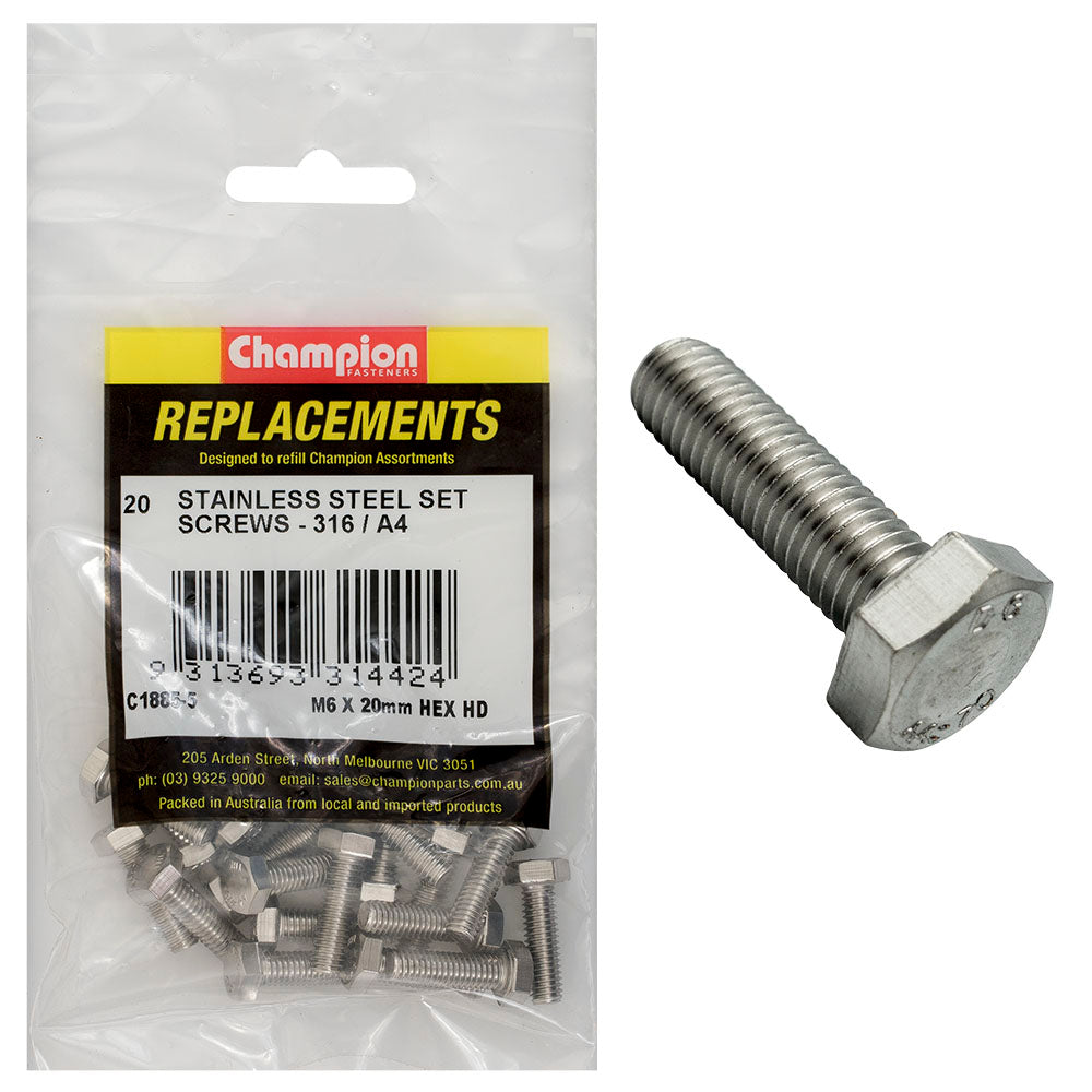 Champion Fasteners Hex Set Screw Stainless Steel M6 X 20mm 316/A4 C1885-5