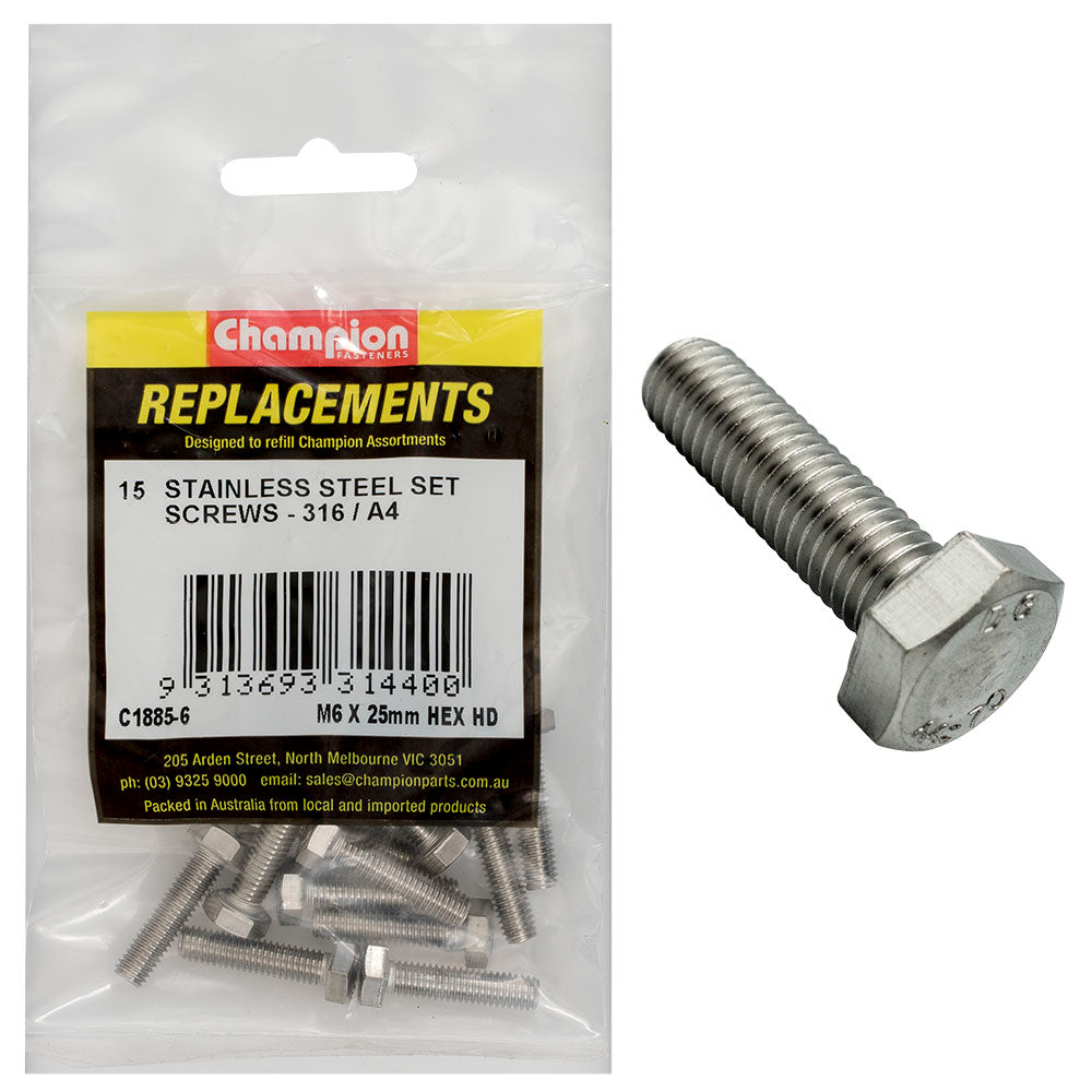 Champion Fasteners Hex Set Screw Stainless Steel M6 X 25mm 316/A4 C1885-6