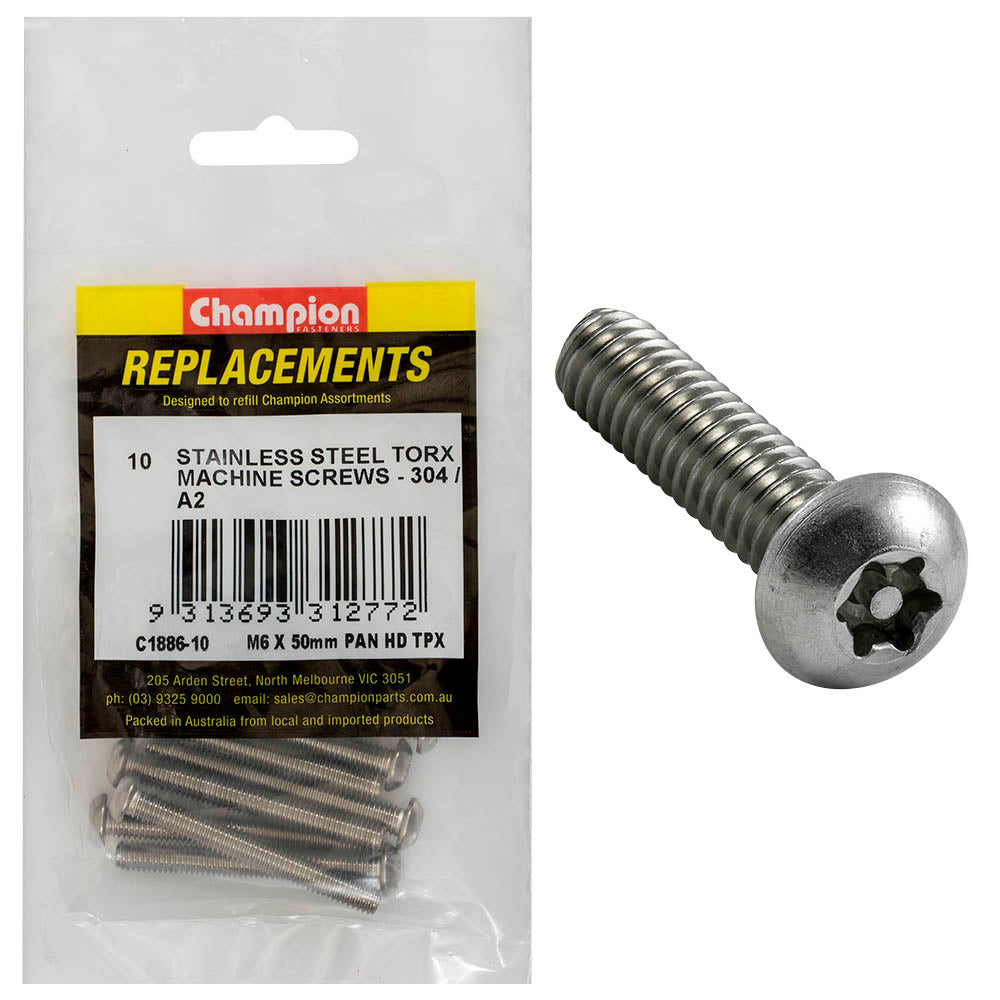 Champion Fasteners Machine Screw Pan Torx (Tpx) Stainless Steel M6 X 50mm 304/A2 C1886-10