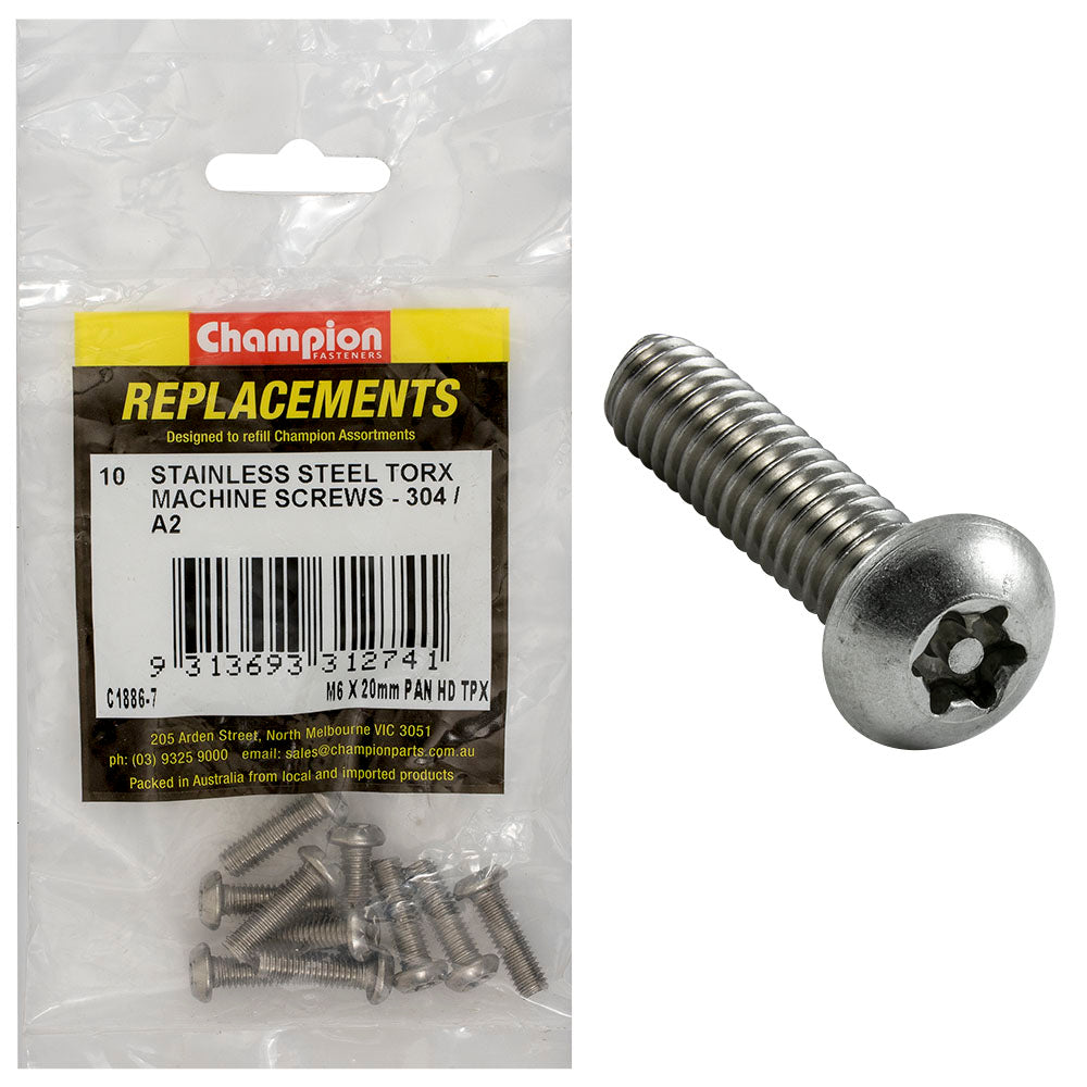 Champion Fasteners Machine Screw Pan Torx (Tpx) Stainless Steel M6 X 20mm 304/A2 C1886-7
