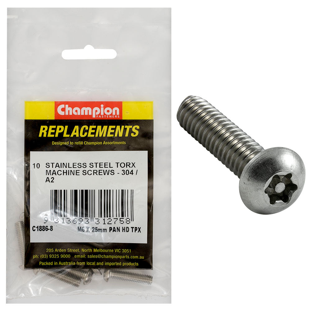 Champion Fasteners Machine Screw Pan Torx (Tpx) Stainless Steel M6 X 25mm 304/A2 C1886-8