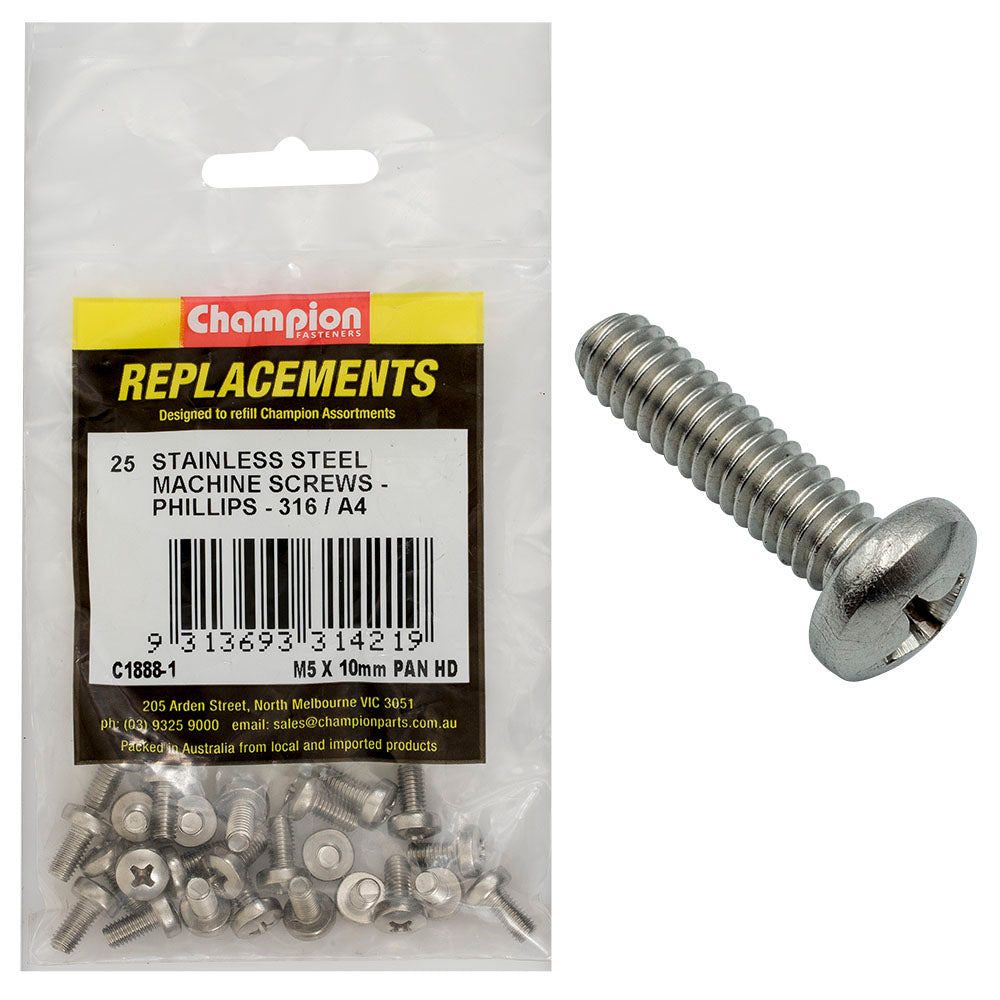 Champion Fasteners Machine Screw Pan Phillips Stainless Steel M5 X 10Mm 316/A4 C1888-1