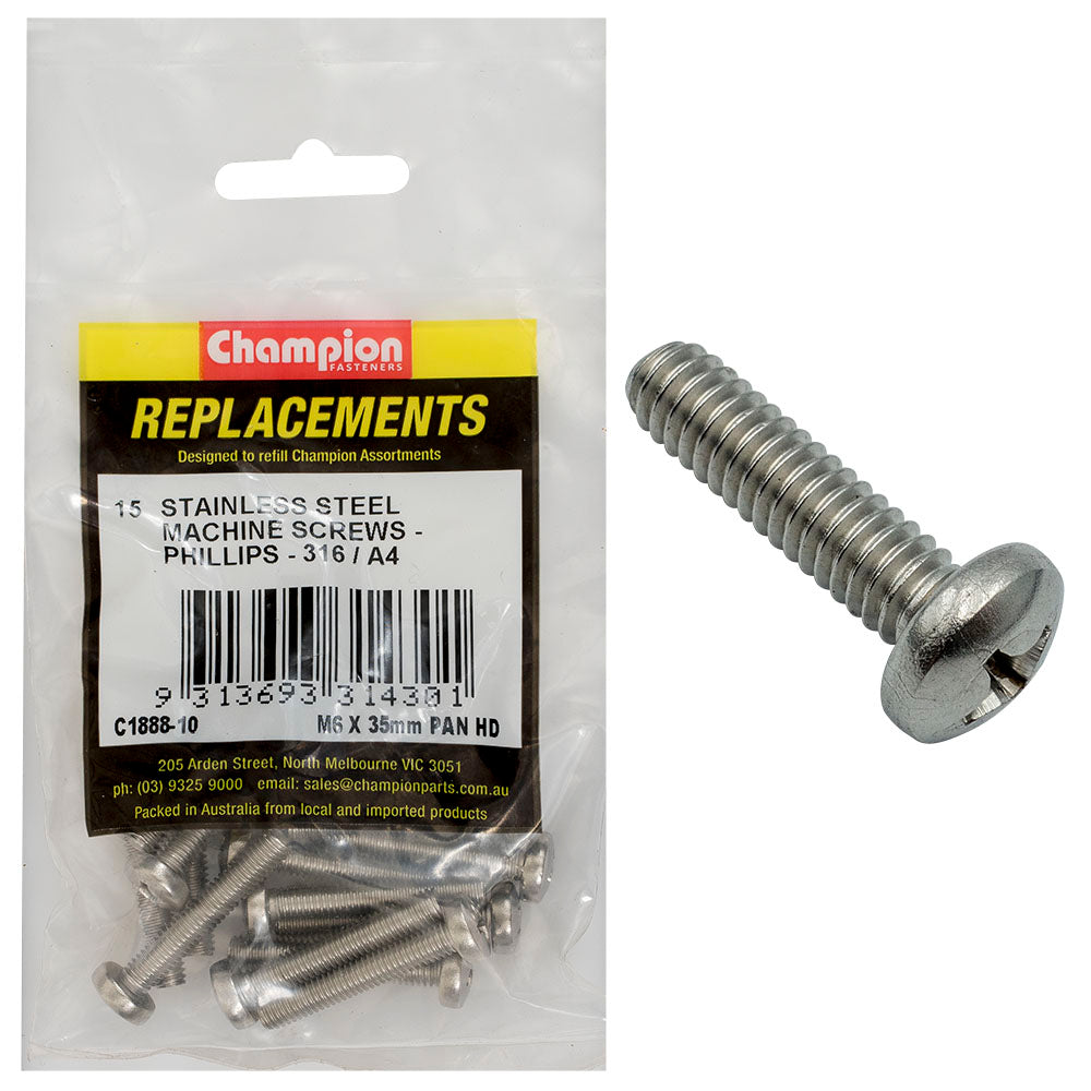 Champion Fasteners Machine Screw Pan Phillips Stainless Steel M6 X 35mm 316/A4 C1888-10