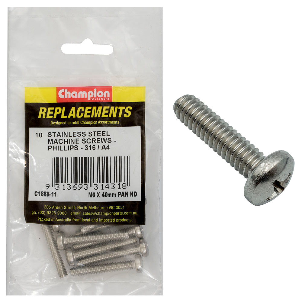 Champion Fasteners Machine Screw Pan Phillips Stainless Steel M6 X 40mm 316/A4 C1888-11