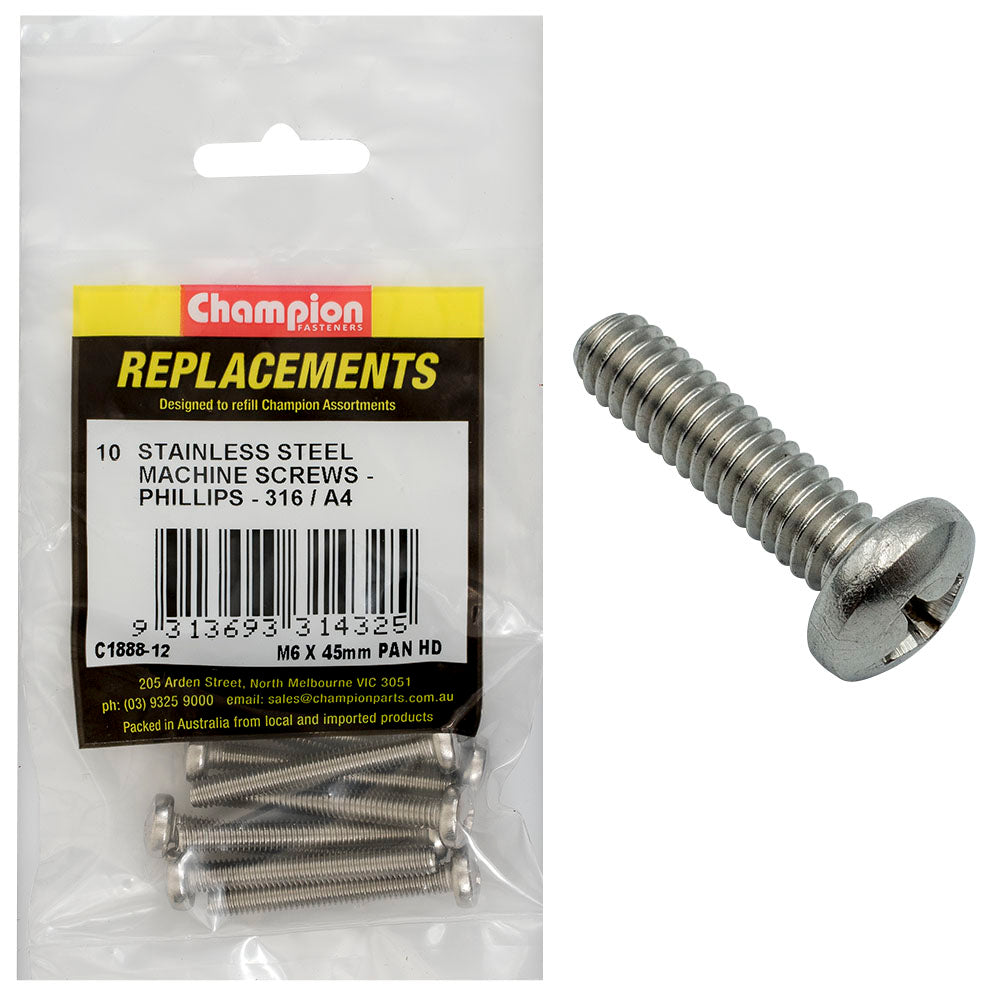 Champion Fasteners Machine Screw Pan Phillips Stainless Steel M6 X 45mm 316/A4 C1888-12