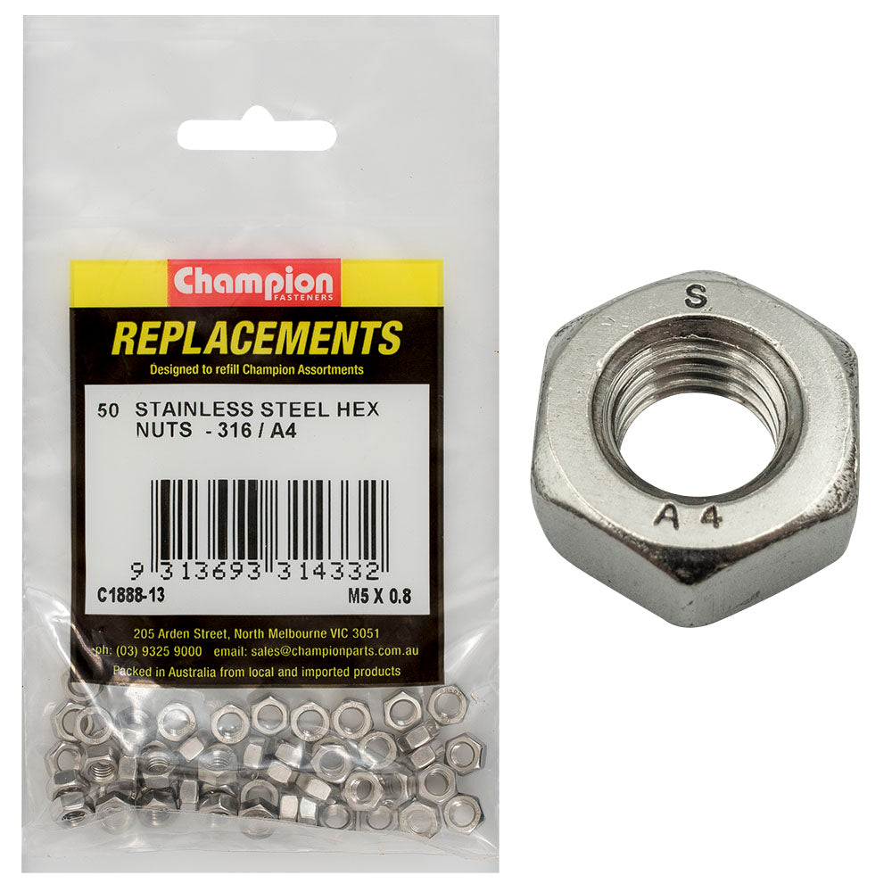 Champion Fasteners Hex Plain Nut Stainless Steel M5 X 0.8mm 316/A4 C1888-13