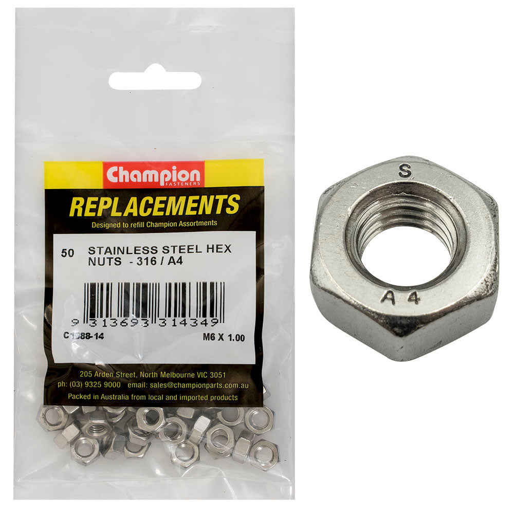 Champion Fasteners Hex Plain Nut Stainless Steel M6 X 1.00mm 316/A4 C1888-14