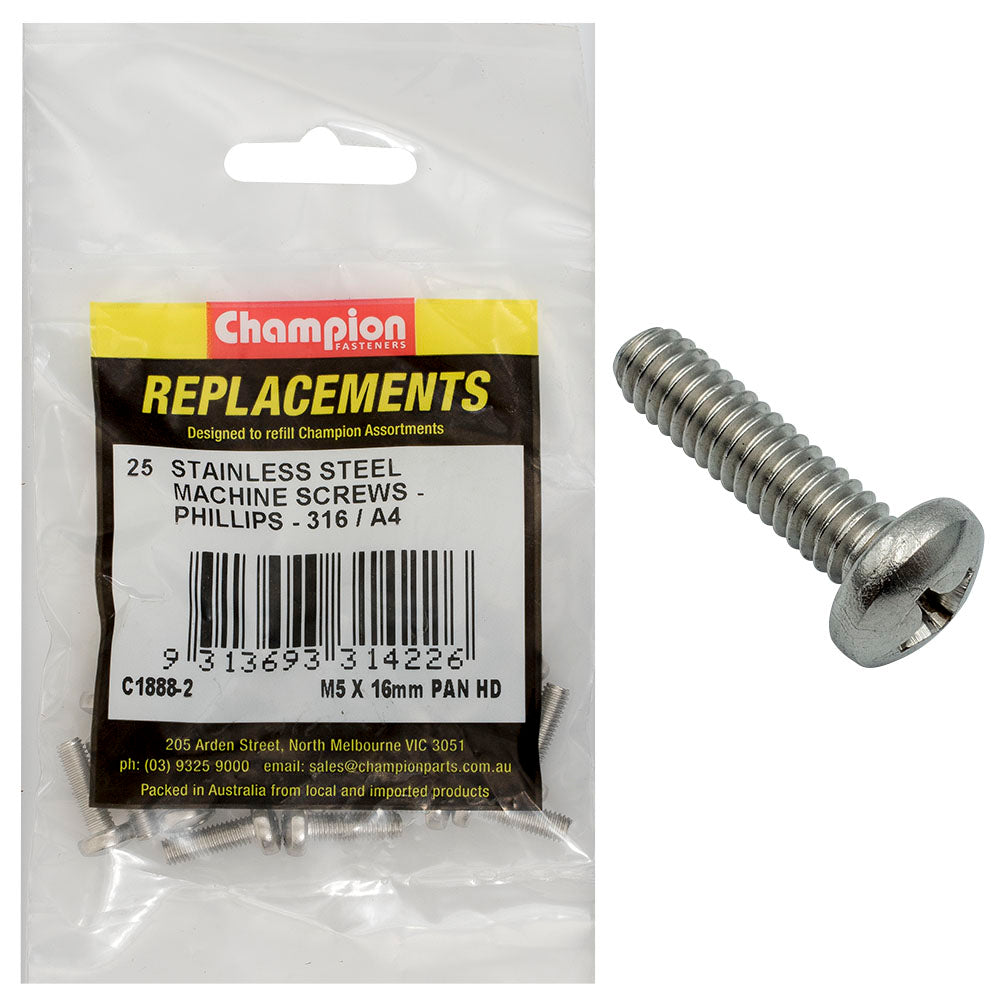 Champion Fasteners Machine Screw Pan Phillips Stainless Steel M5 X 16mm 316/A4 C1888-2