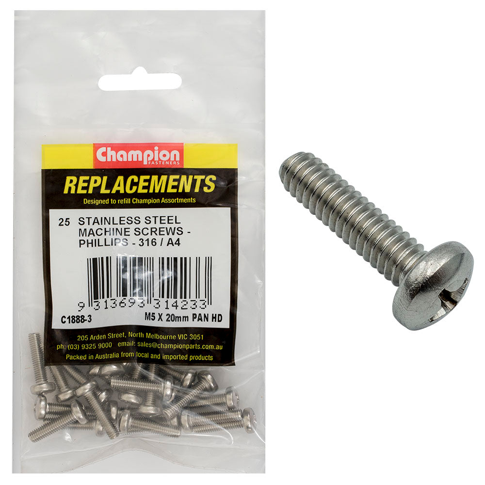 Champion Fasteners Machine Screw Pan Phillips Stainless Steel M5 X 20mm 316/A4 C1888-3