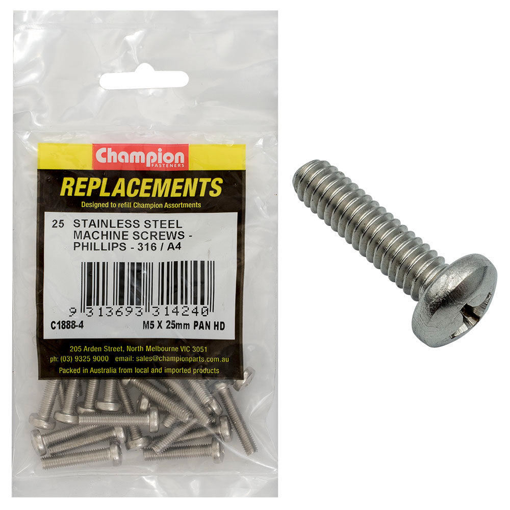 Champion Fasteners Machine Screw Pan Phillips Stainless Steel M5 X 25mm 316/A4 C1888-4