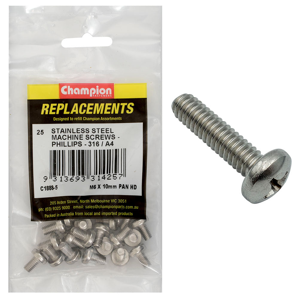 Champion Fasteners Machine Screw Pan Phillips Stainless Steel M6 X 10mm 316/A4 C1888-5