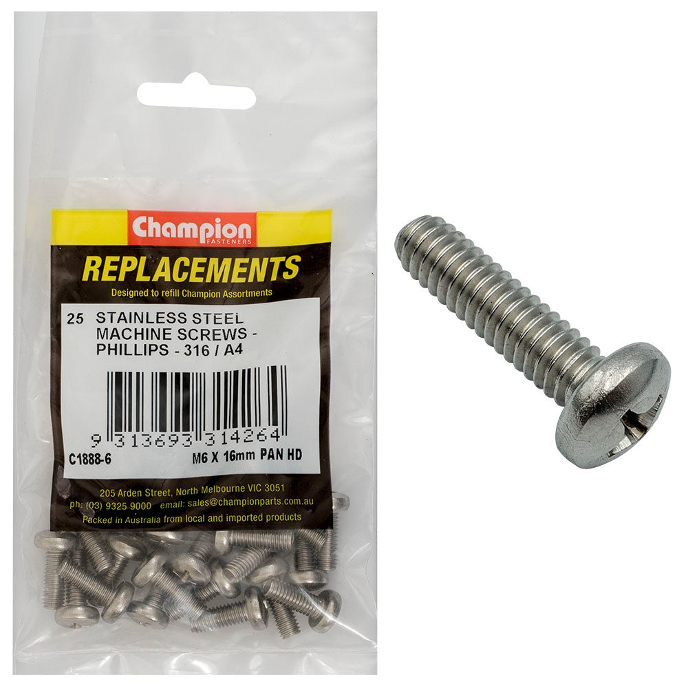 Champion Fasteners Machine Screw Pan Phillips Stainless Steel M6 X 16mm 316/A4 C1888-6